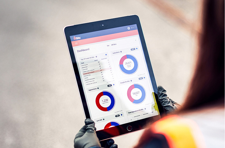 msite dashboard being held on a ipad by a construction worker