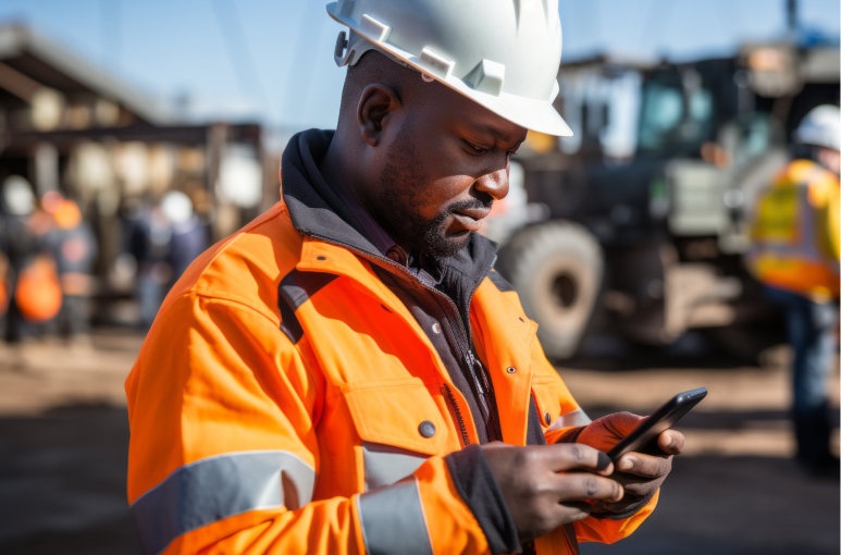 construction worker on mobile phone