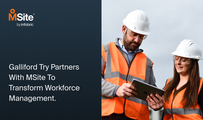 two construction workers looking at an ipad at msite dashboards