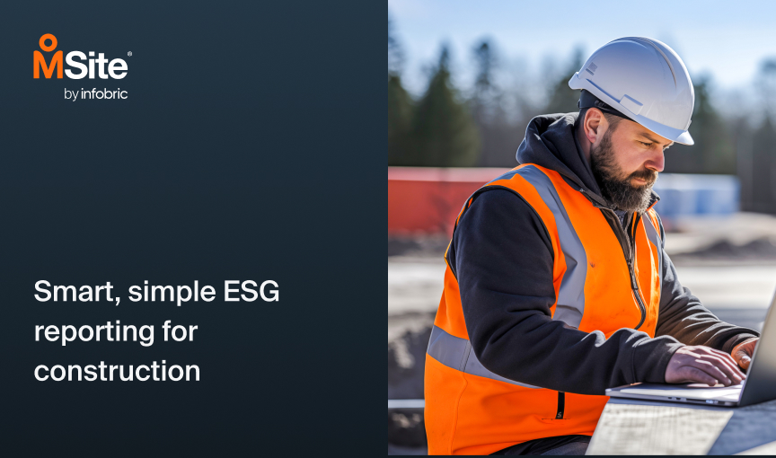 Construction worker on site on laptop using workforce management software