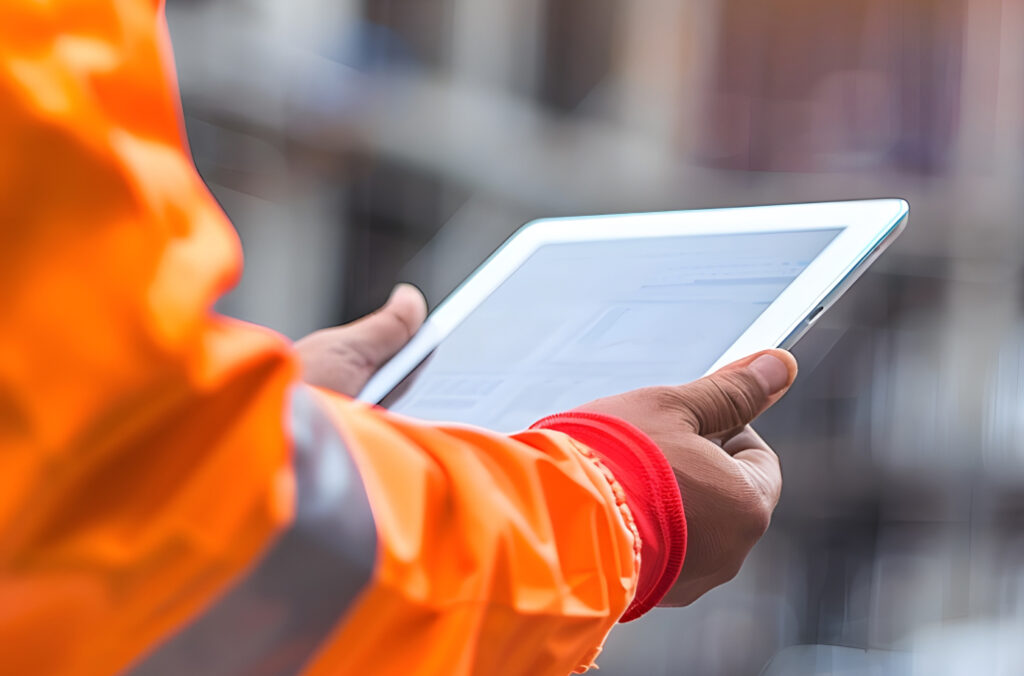 construction worker holding an ipad
