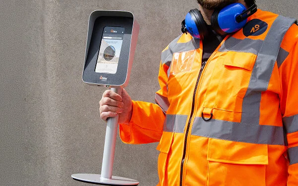 construction worker in an MSite jacket holding a face mini device